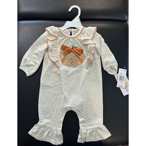 Little Baby Ivory Gold Pumpkin Ruffle Polka Dot Romper 3-6 Months Long Sleeve
